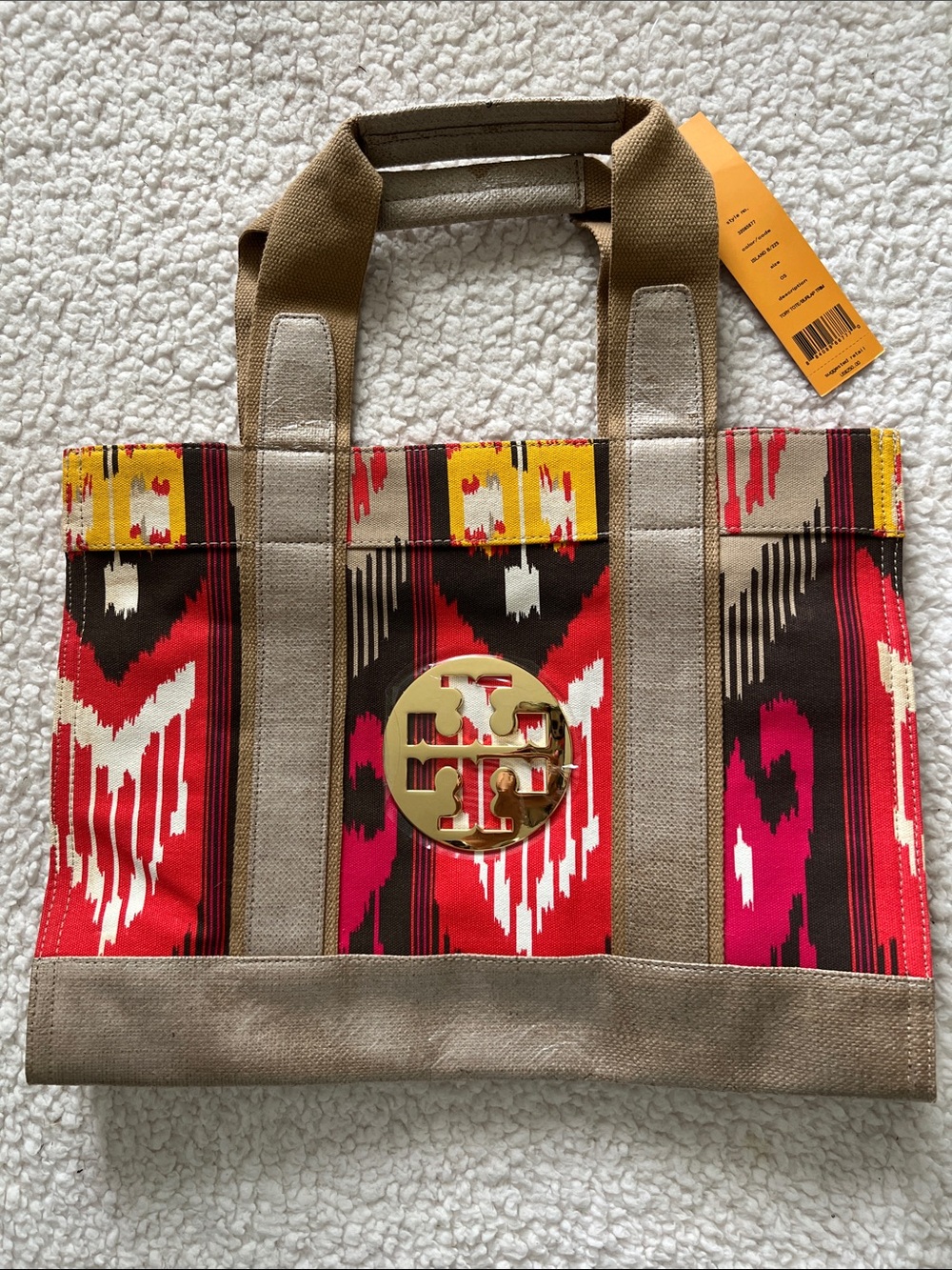Tory Burch Red Multicolor Ikat Canvas Tote with Gold Logo.  16x12x5